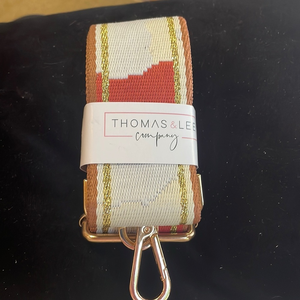 Purse strap. Rust, off white , light grey, glittery gold down sides.